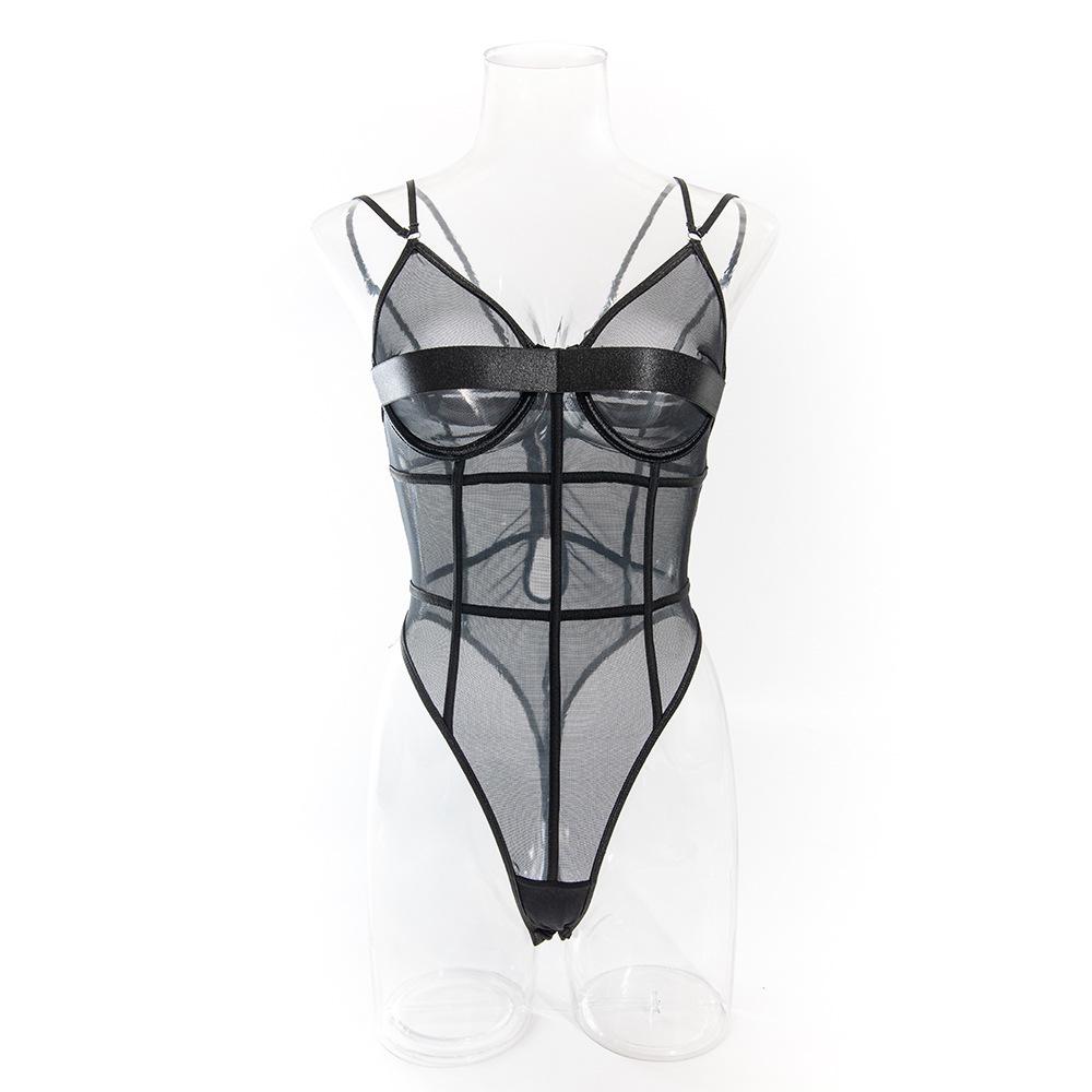 European and American Style Sexy Women's Bodysuit Set: Mesh See-Through, Deep V, Double Spaghetti Straps, Solid Color.