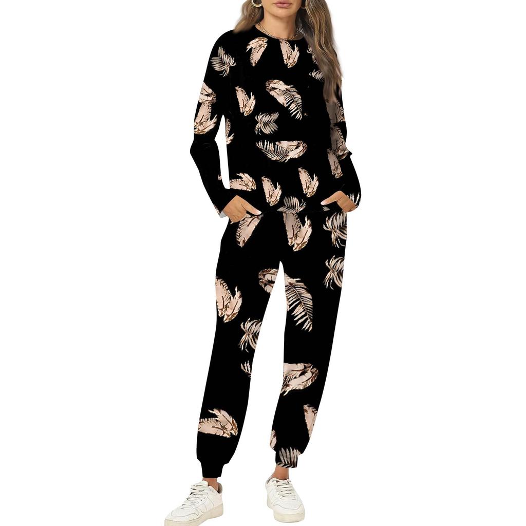 Sets für Damen 2-teilig Rundhals Langarmshirts Bedruckte Jogginghosen Taschensets