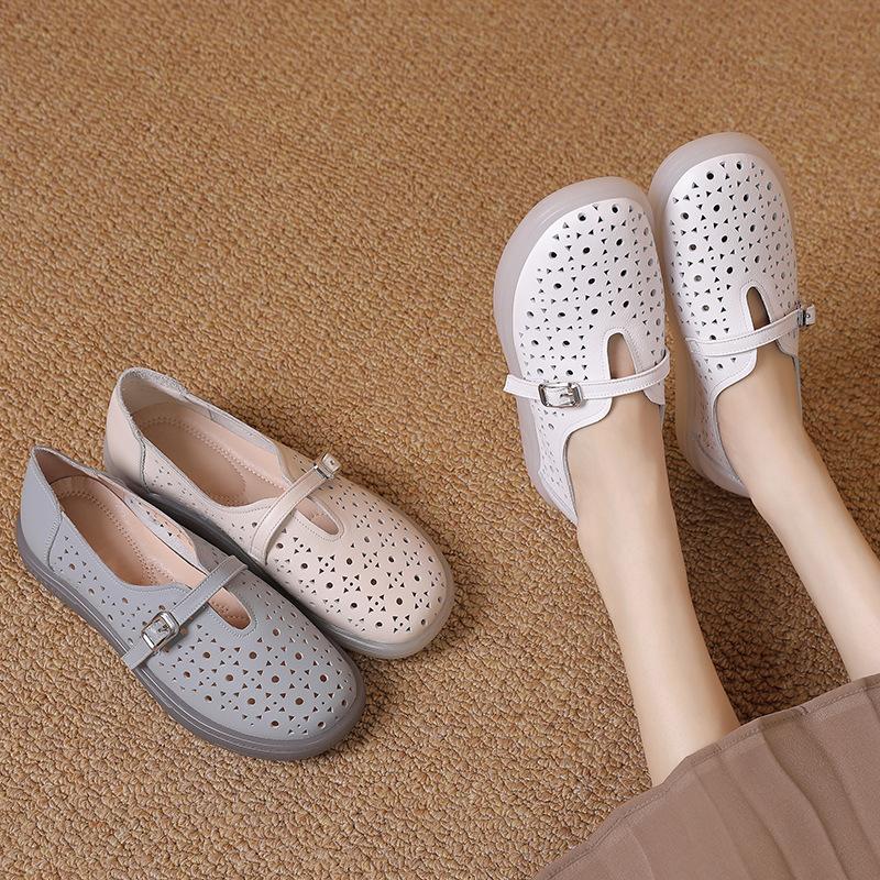 Fashion GKTINOO 2025 Genuine Leather Shoes Hollow Out Women Ballet Flats Summer Women's Solid Soft bottom Shoes Woman Slip On Loafers