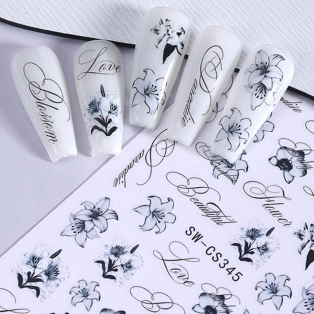 3Pcs Floral Nail Stickers Pink Black Lily Flower Vintage English Letter Nail Art Decals