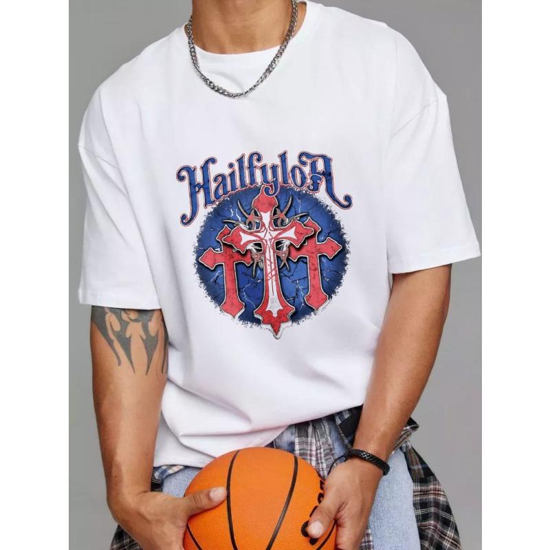 

White T Shirt With Hailfyloa Cross Design And Blue Background Graphic For Casual Wear S