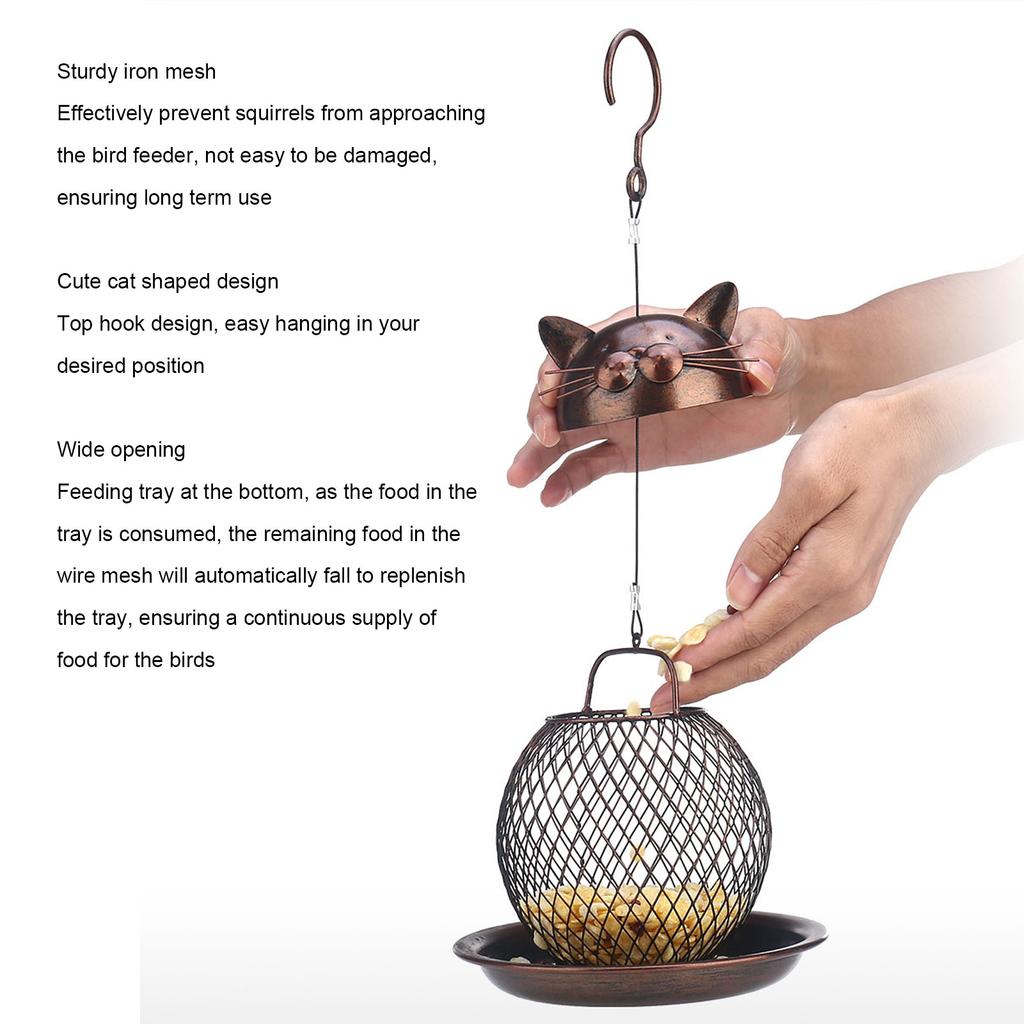 Hanging Bird Feeder for Outdoor Iron Squirrel Proof Retro Cat Shaped Metal Mesh Wild Bird Feeder for Garden Decor
