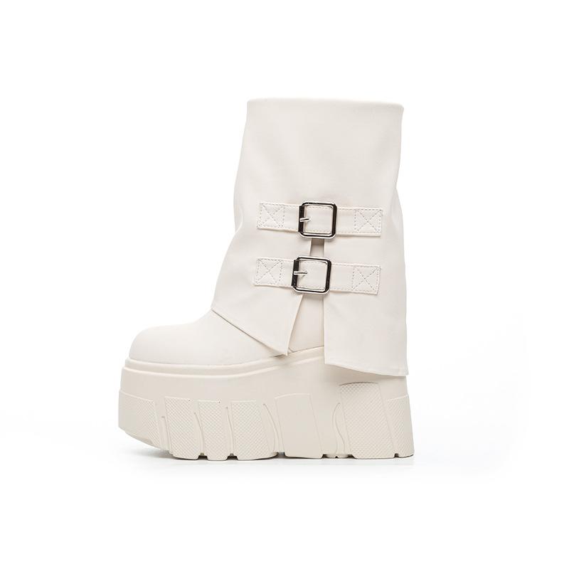 14 Cm Short Boots Women's 2025 Autumn and Winter New Thick-soled Medium Tube Thin Boots Belt Buckle Solid Color Trouser Tube Boots Trend