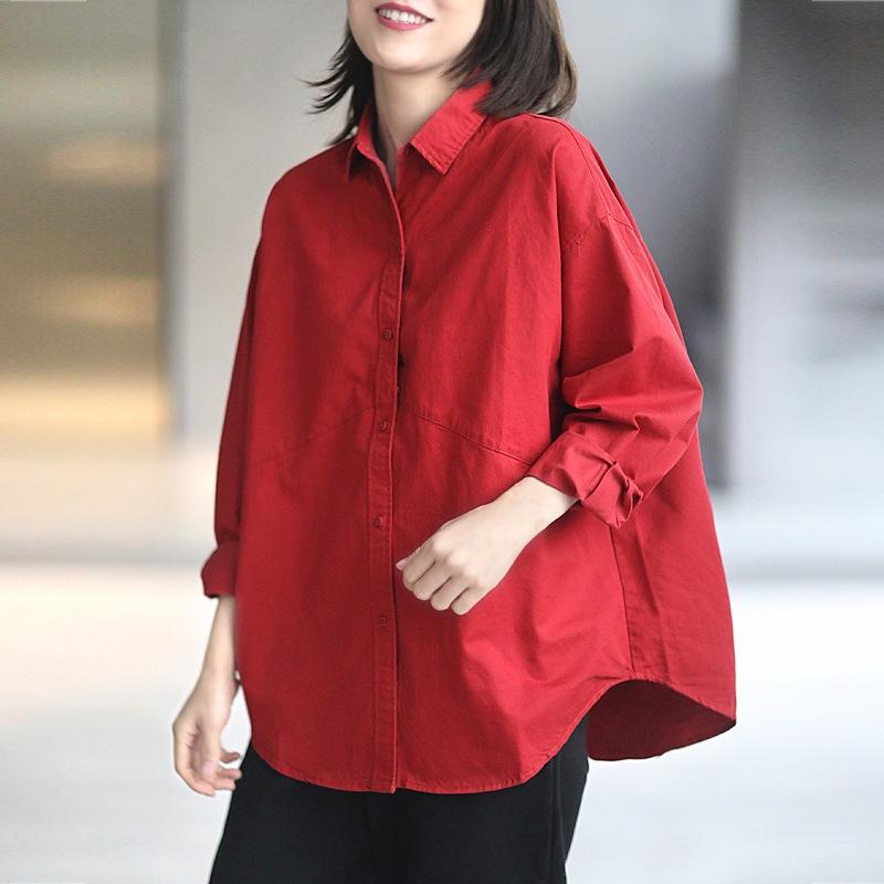 Solid Color Cotton and Linen Shirt Top for Women Autumn Loose Linen Shirt Medium To Long Length Shirt