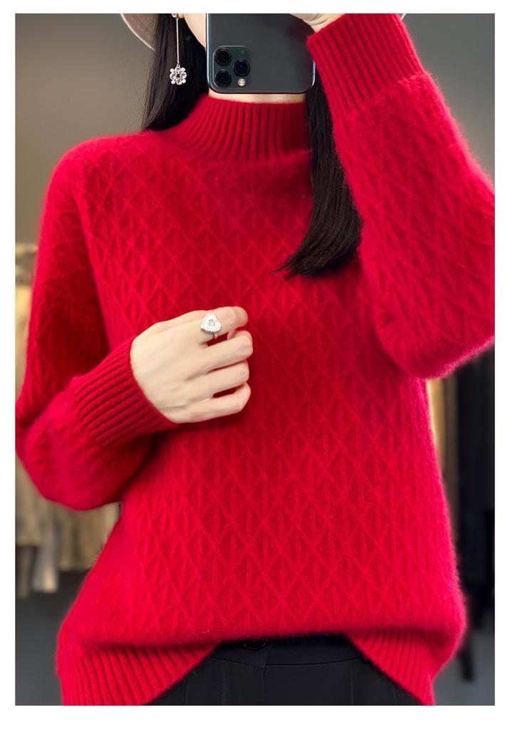 2023 Loose Fit High Neck Wool-Blend Sweater with Diamond Pattern for Autumn & Winter
