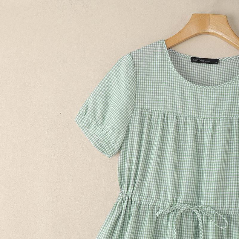 ZANZEA Women Casual Round Neck Summer Short Sleeve Plaid Print Dress