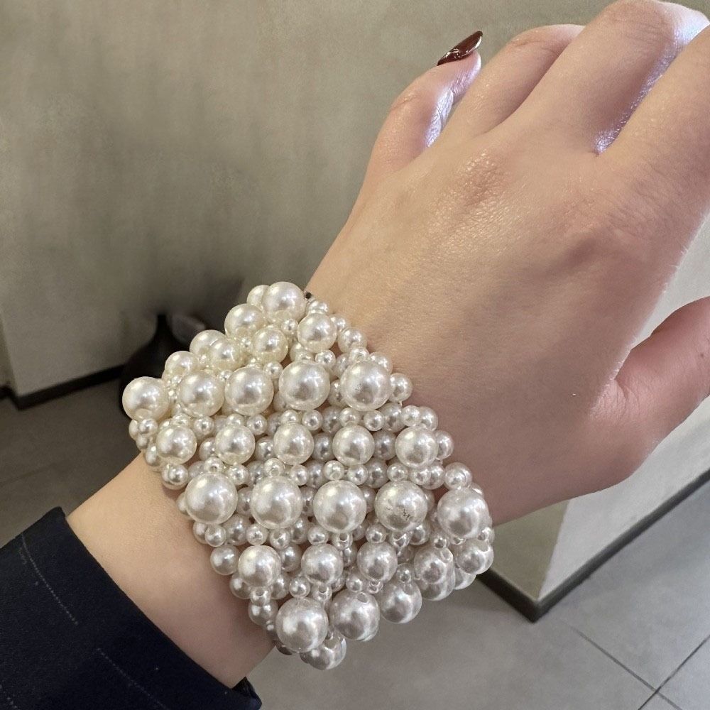 Elastic Pearls Bracelet White Wide Bangle Sweet Women Bracelet  Girl