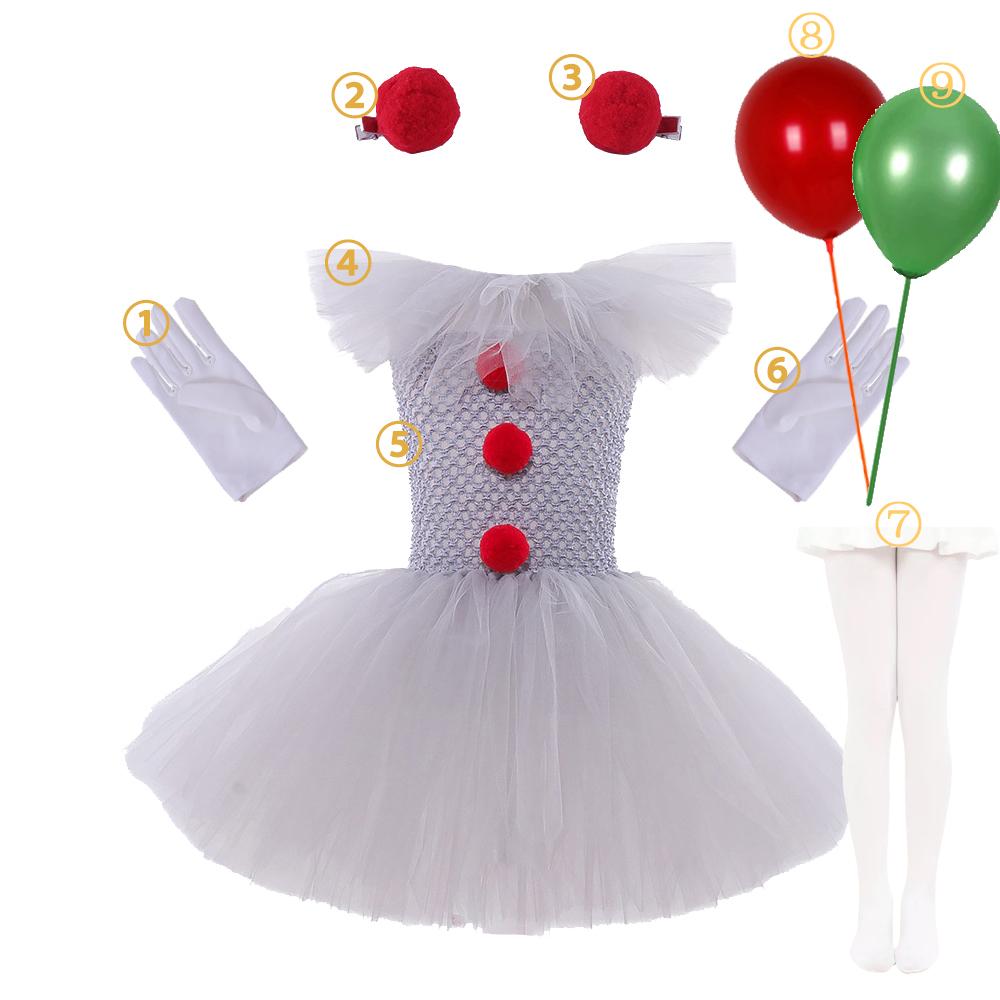 Costume d'Halloween Clown pour Enfants Film d'Horreur Cosplay Ensemble pour Filles Carnaval Fête Déguisement Vêtements de Clown 3-10 Ans 6-7Y (Size 120cm) gray