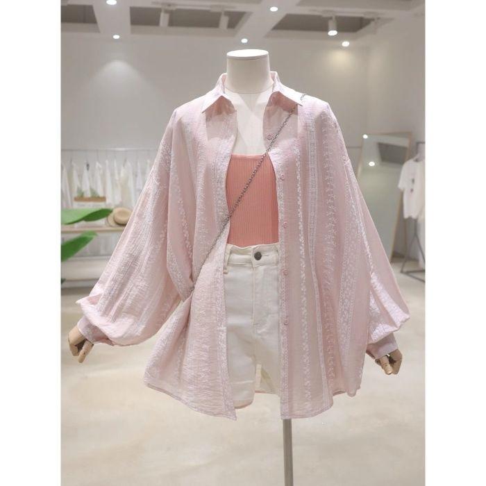 WTEMPO Women Sheer Sun Protection Shirt Lapel Puff Long Sleeve Embroidery Oversized Loose Summer Casual Outerwear Blouse