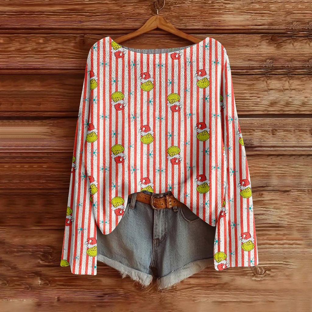 Women's Fashion Long Sleeve Christmas Print Knitted Long Sleeve Lined Long Sleeve