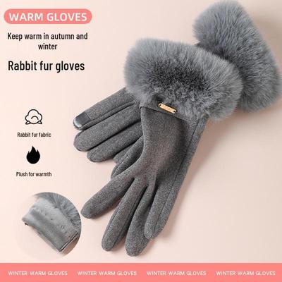 Women's Winter Touchscreen Gloves with Velvet, Faux Rabbit Fur, and Windproof Design