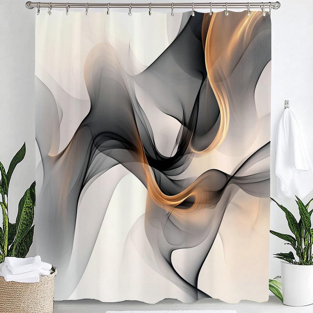 

1Pc Fluid Modern Geometric Black Brown Shower Curtain,Bathroom Decorative Curtain, Printed Fabric Home Curtain With Hooks W60H190(CM)-1 Pcs