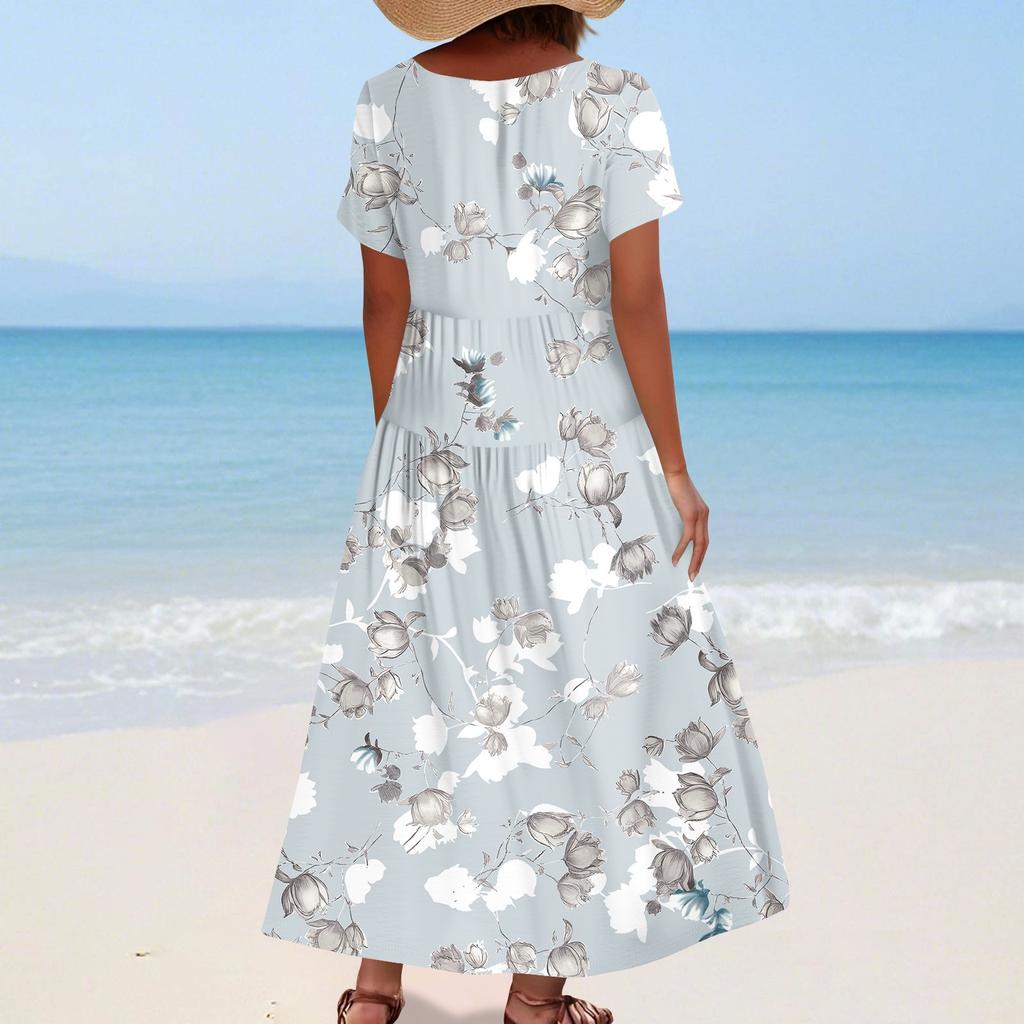 Women's Summer Casual Floral Print Short Sleeve O Neck High Waist A Line Tiered Flowy Boho Maxi Dress