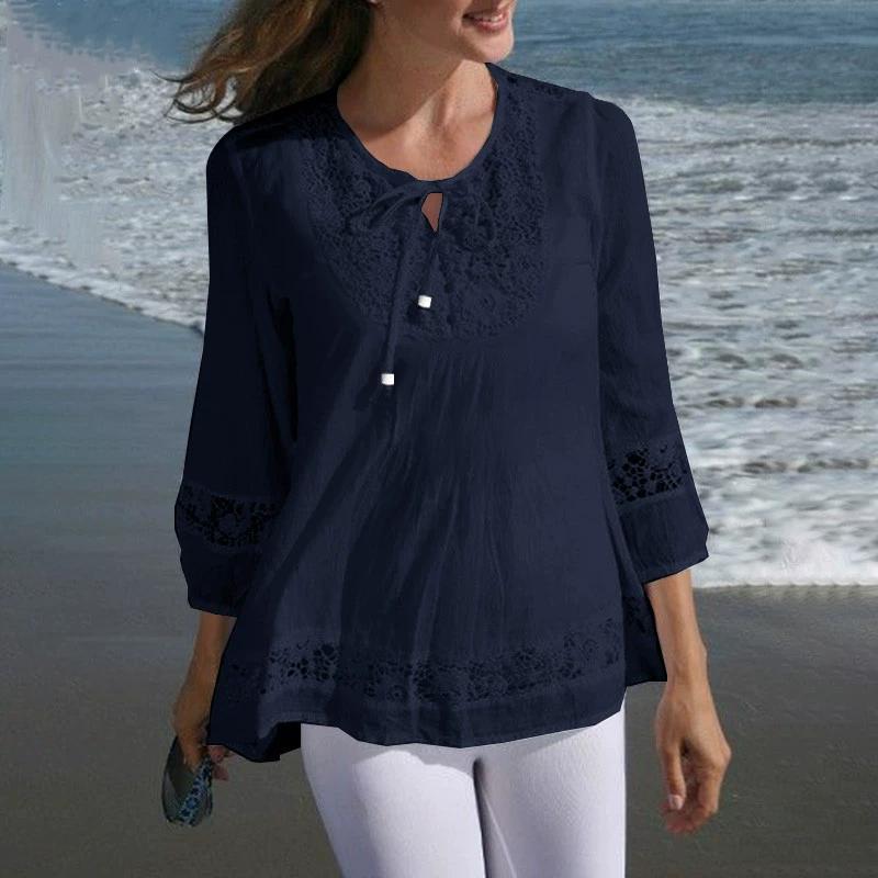 Dames Lente Plus Size Katoen en Linnen Splicing Design T-shirt Effen Kleur Temperament Losse Tops