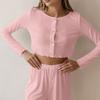 Spring Autumn Women's Solid Color Long Sleeve Button Crop Top Elastic Waist Pants Suit Female Homewear Set