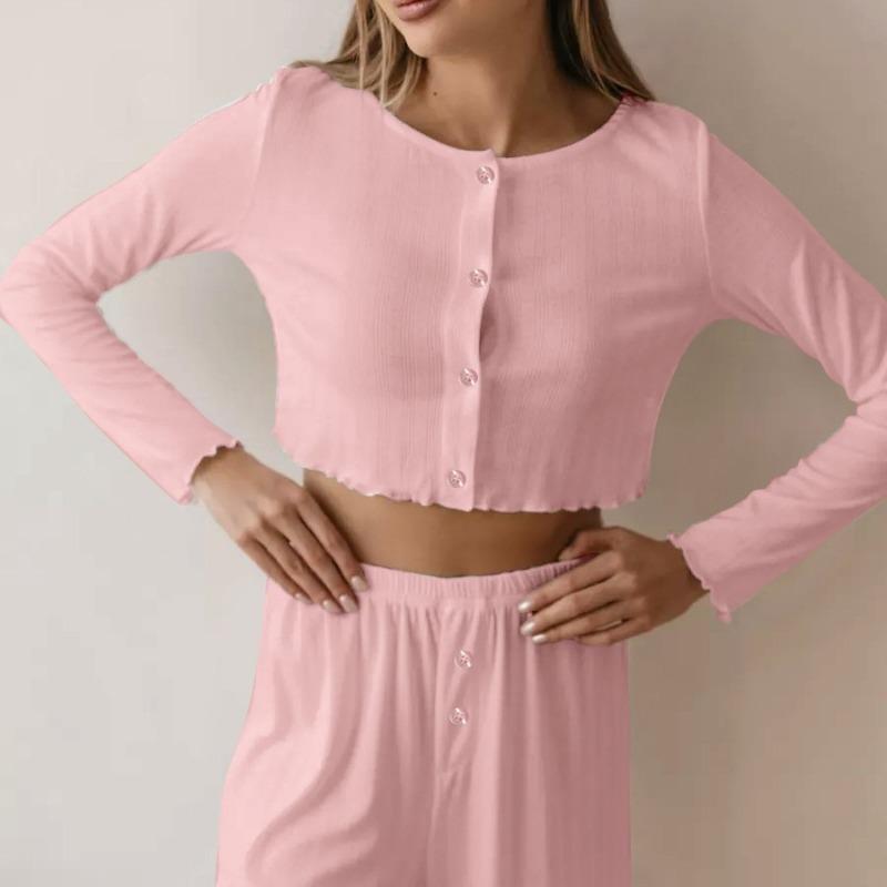 Spring Autumn Women's Solid Color Long Sleeve Button Crop Top Elastic Waist Pants Suit Female Homewear Set