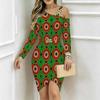 Women Plus Size Cold Shoulder Long Sleeve Black White Tie Dye Print Irregular Wrap Bodycon Midi Dress