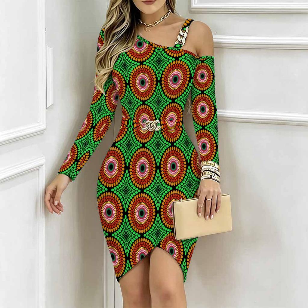 Women Plus Size Cold Shoulder Long Sleeve Black White Tie Dye Print Irregular Wrap Bodycon Midi Dress