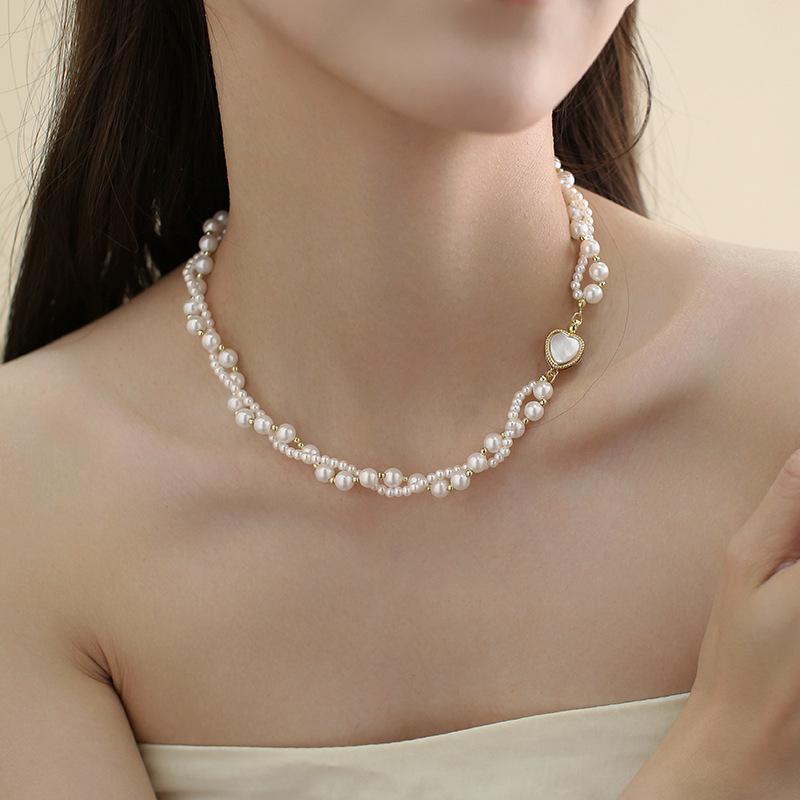 

Double-Layer Shijia Pearl Necklace Female Love Fritillary Buckle Neck Chain Niche Beaded Cross Design Autumn And Winter Sweater Chain