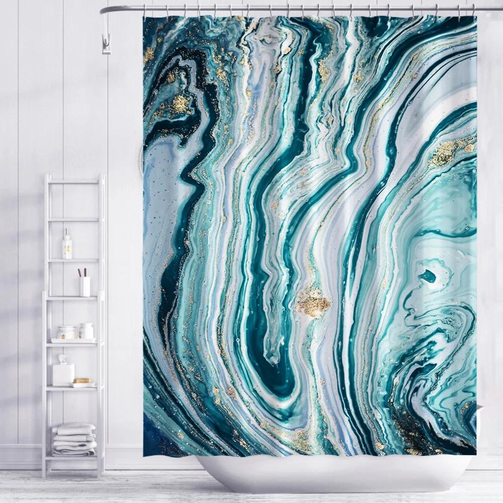 Nordic Gradient Marble Shower Curtain Blue Gold 3D Printing Texture Thickening Waterproof Polyester Bathroom Curtains With Hooks