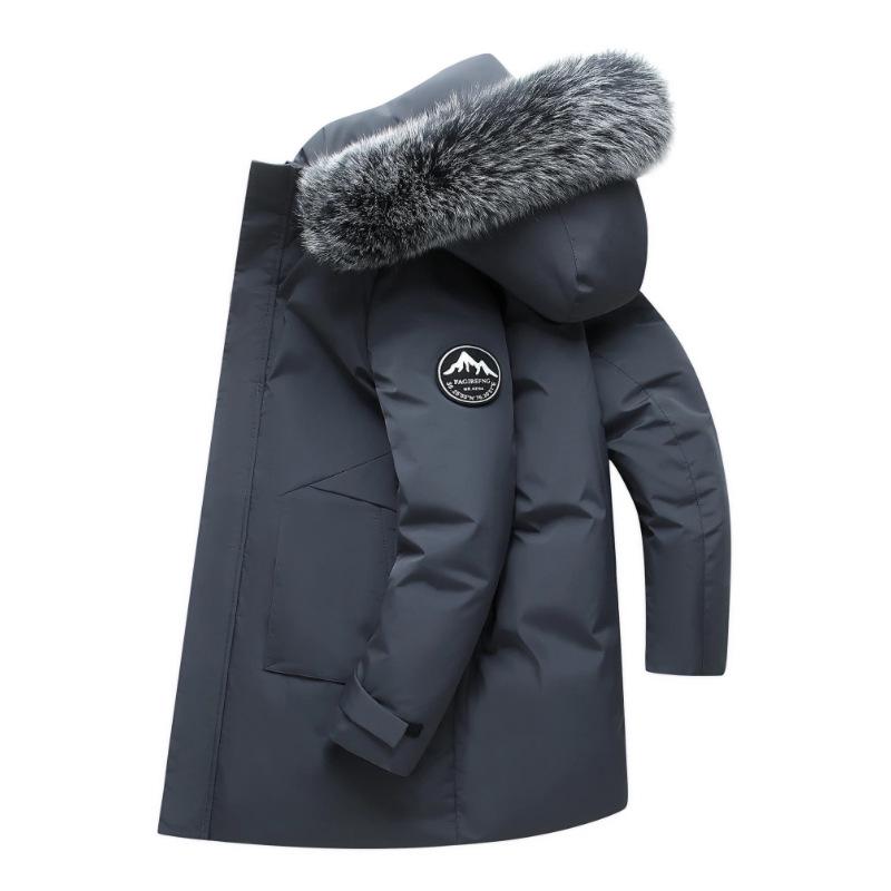 Giacca da Uomo in Piuma di Media Lunghezza alla Moda con Ampio Collo in Pelliccia - Ispessita e Calda per l'Inverno