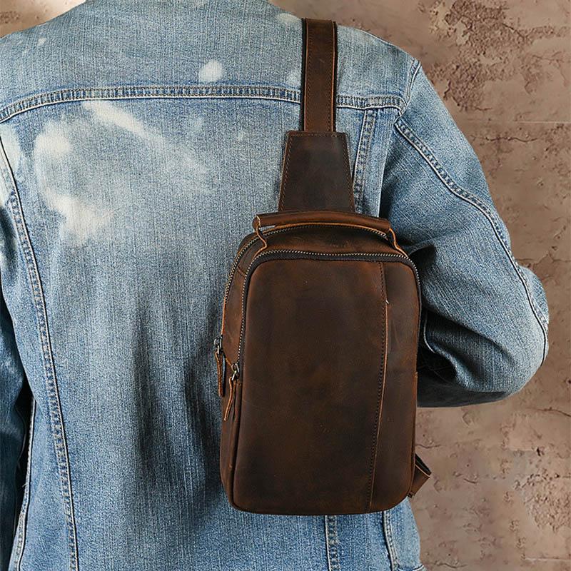 Single Shoulder Chest Bags Classic Retro Style Brown Genuine Leather Cowhide Men's Sling Bag Multiple Zippers Adjustable Strap