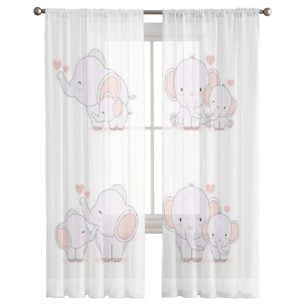 Elephant Mom And Baby Tulle Sheer Curtains For Kitchen Window Living Room Modern Voile Curtain Bedroom Drapes