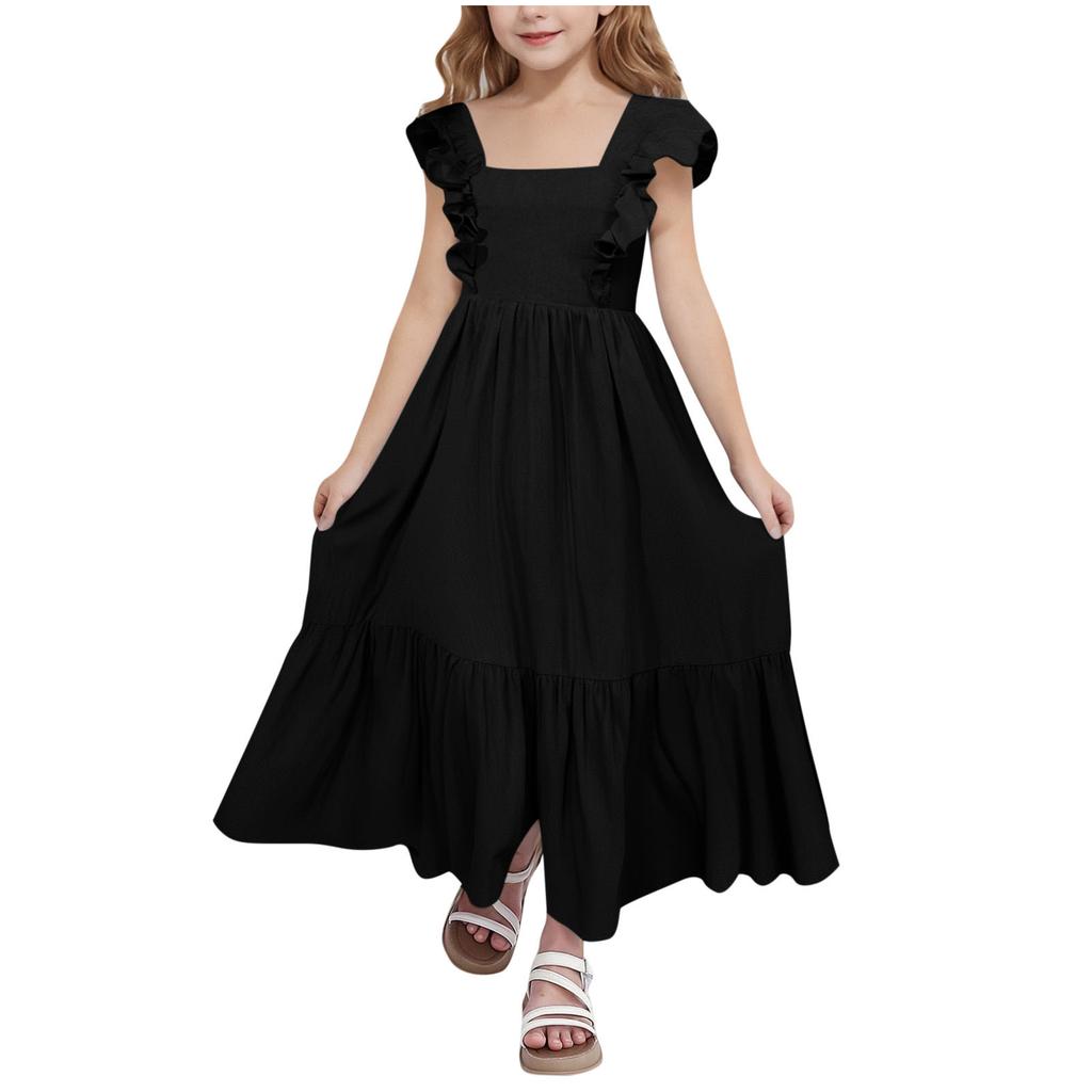Girls' Square Neck Dress - Sweet Backless Sundress