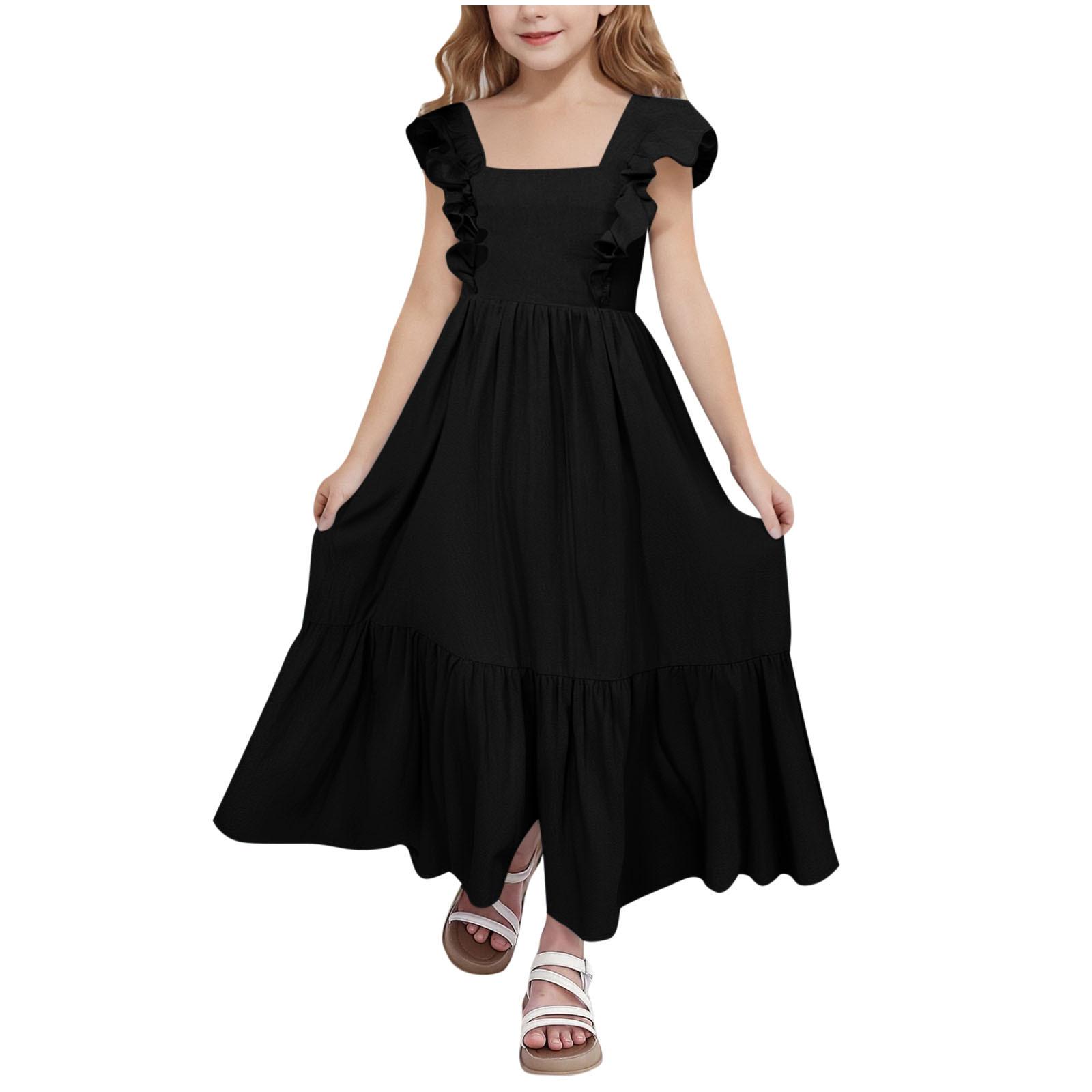 

Girls Square Neck Dress - Sweet Backless Sundress 130 чёрный