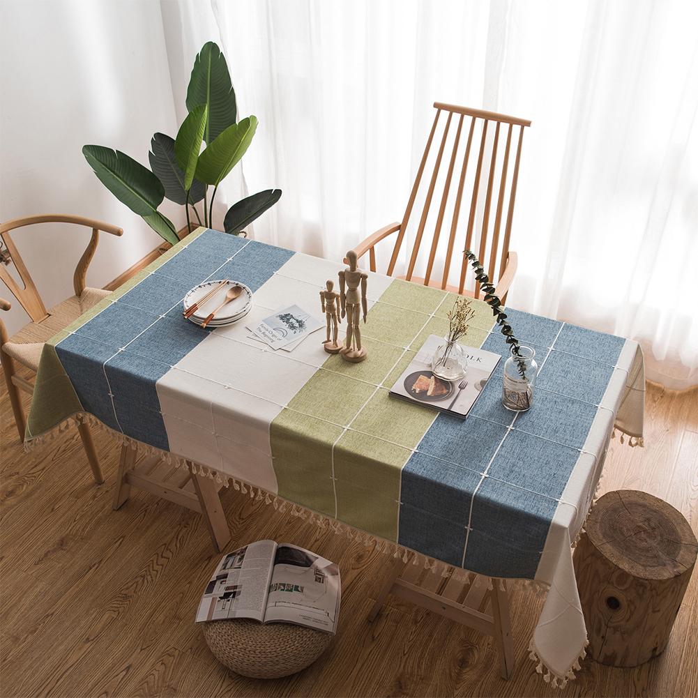 

Simple Cotton Linen Tablecloth Plaid Pattern Rectangular Tablecloths Dining Table Cover Decorative Blue and green embroidery lattice100*140cm