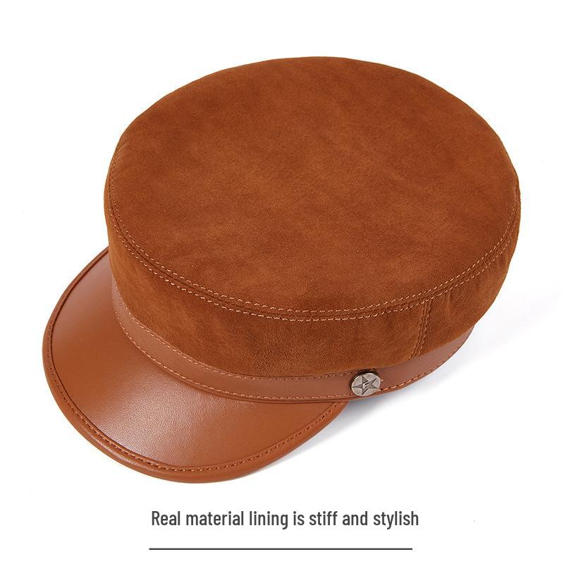 Korean Style Unisex Lambskin Flat Top Hat - Genuine Leather, Trendy, Youth Student Design, Casual, Face-Slimming Look