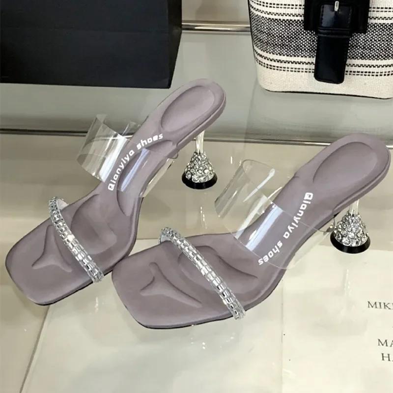

Fashion New Style Designer Shiny Rhinestone High Heels Women Sexy Open Toe Transparent PVC Slide Sandals Elegant Banquet Wedding Shoes 39 серый
