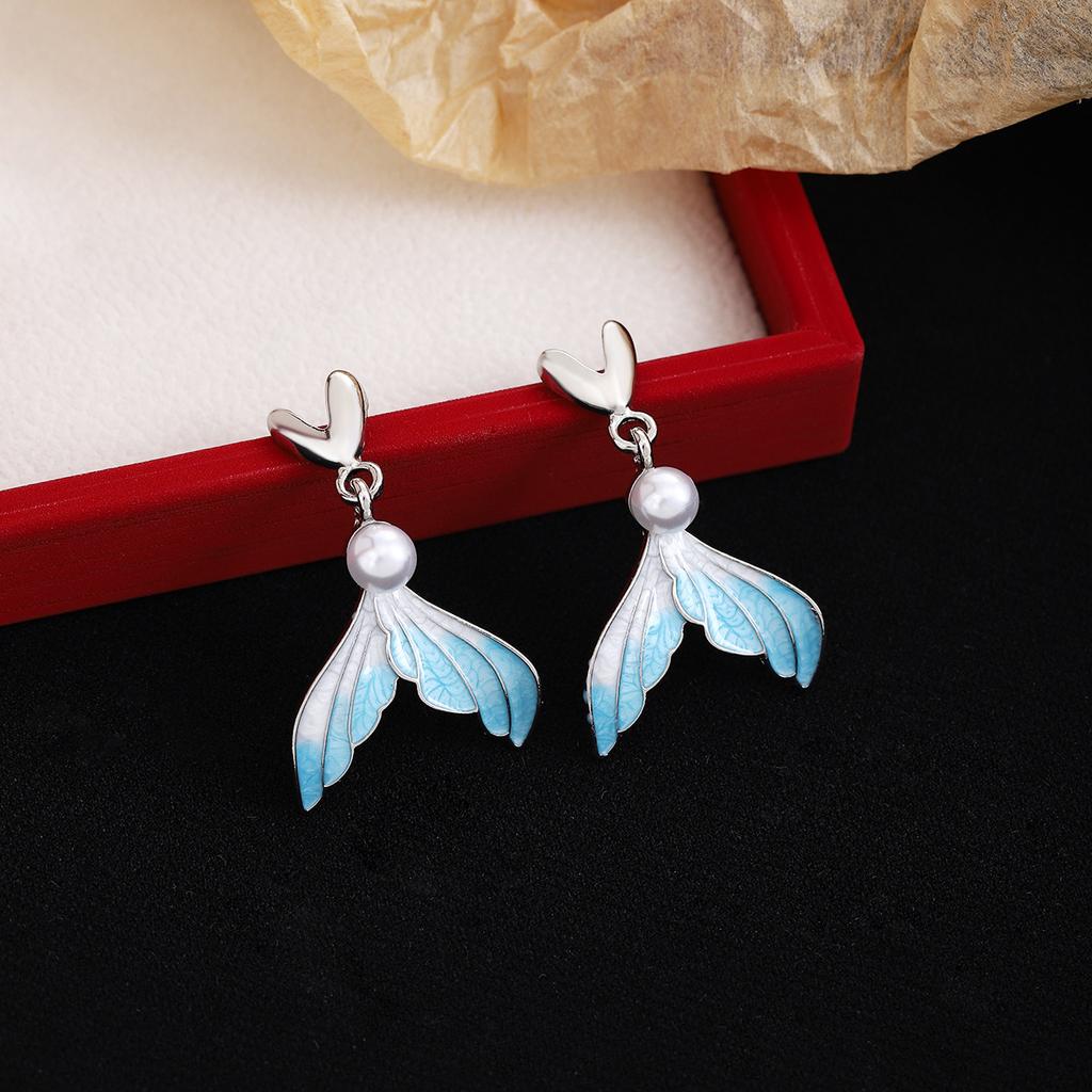 Ocean Dolphin Fishtail Pearl Earrings, Light Luxury And Exquisite Blue Small Fresh And Cute Temperament Earrings Women