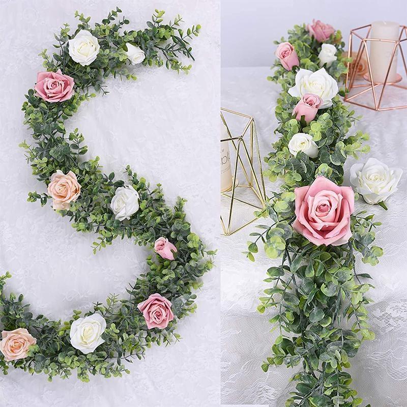 Guirlande D'eucalyptus Artificielle Avec Fleurs - Lot De 2 X 1,8m - Déco Mariage, Murale, Table - Intérieur Et Extérieur