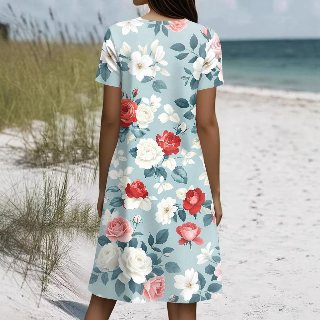 Short Sleeve Boho Dress For Women Casual Loose Fit Sundress Print Round Neck Dress With Pockets