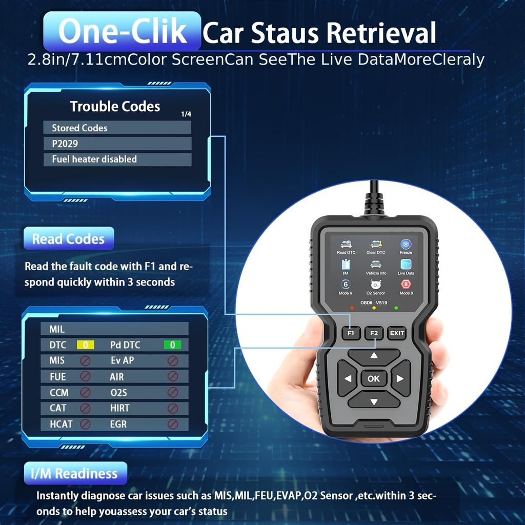 Professional OBD2 Diagnostic Scanner Tool, USB Powered, Engine Fault Detector, Code Reader, Battery Tester, I/M Readiness, Code Eraser, 10 Language