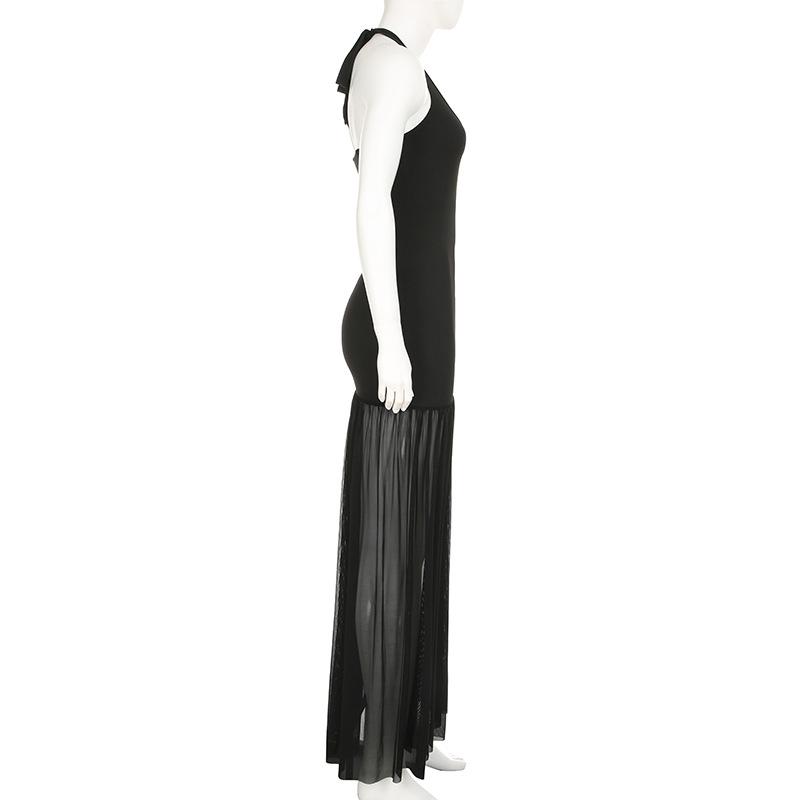 Women's Temperament Wind Neck Strap Mesh Splicing Hot Girl Sexy Backless Split Waist Thin Dresses