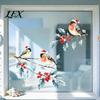 Winter Holiday Glass Decals Christmas Watercolor Bird Window Sticker, Santa Hat On Beey Waterproof PVC Film Branch Static Decal, Cling for Party