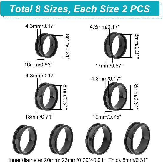UNICRAFTALE 16pcs Stainless Steel Black Finger Ring - 8 Sizes Blank Core for Inlay Round Grooved Empty Blanks With Velvet Pouches for Jewelry Making