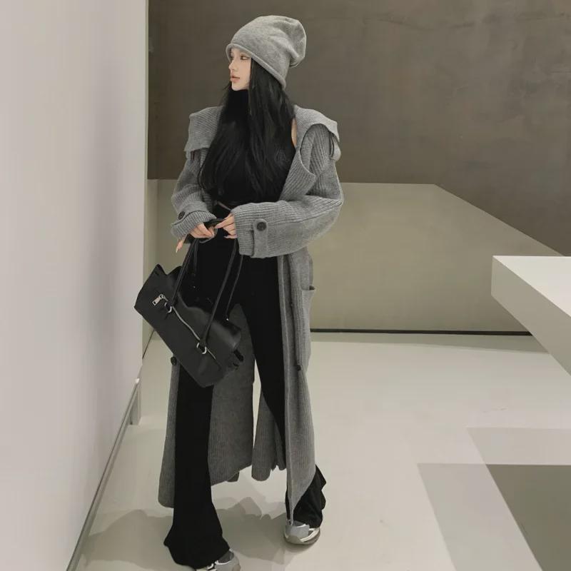 Women's Casual Mid-Length Knitted Cardigan and Windbreaker Jacket