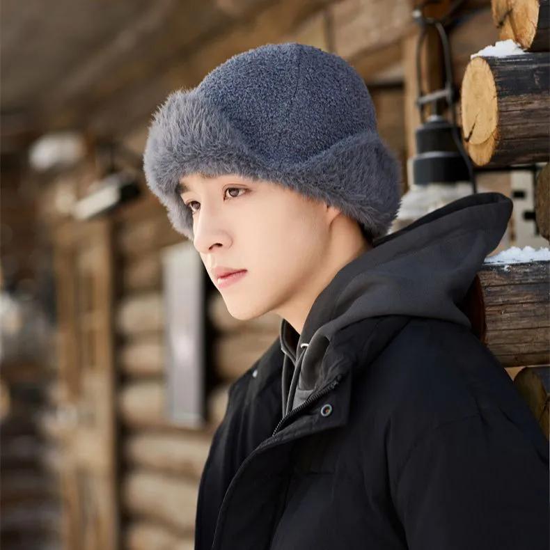 WTEMPO Men's Outdoor Faux Fur Solid Color Soft Plush Cycling Hats Autumn Winter Windproof Cold-proof Warm Bomber Hats