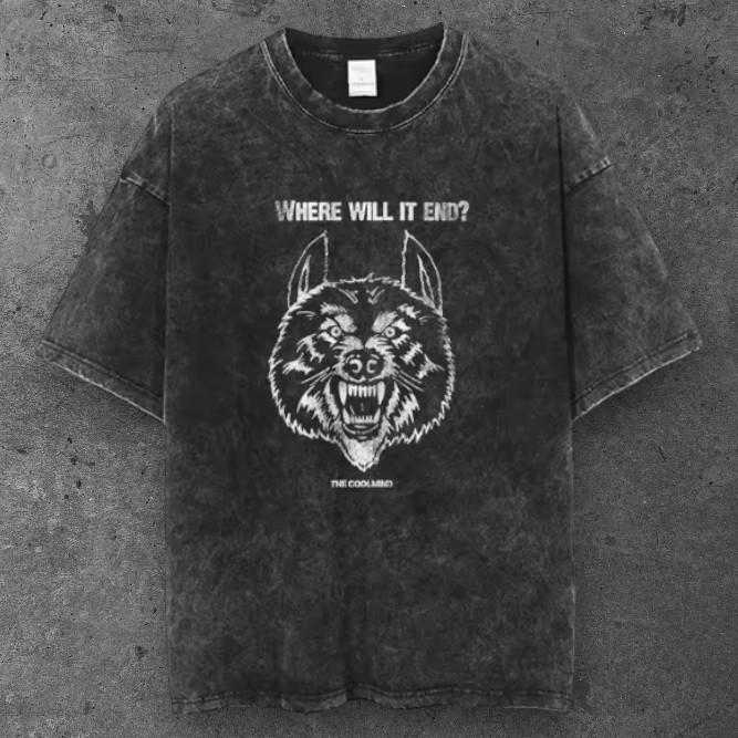 Mens Snarling Wolf Oversized Cotton T Shirt Washed Black Grunge Aesthetic S-4XL S разноцветный