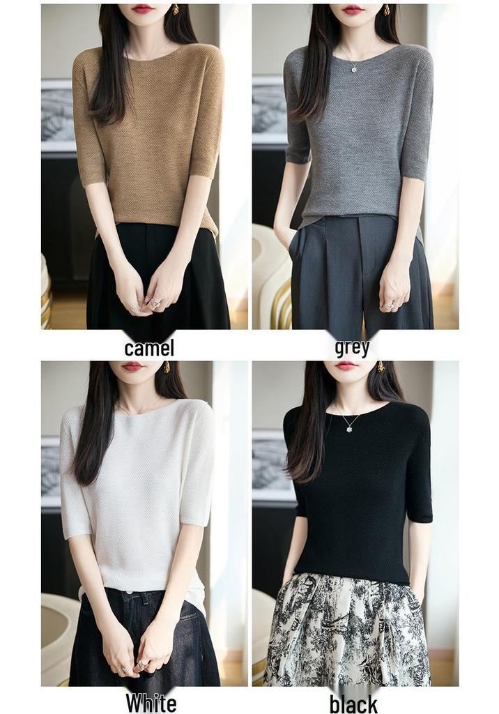 Ultra-Fine Pure Wool Women's Slim-Fit Fishbone Pattern One-Shoulder Mid-Sleeve Base Layer Shirt