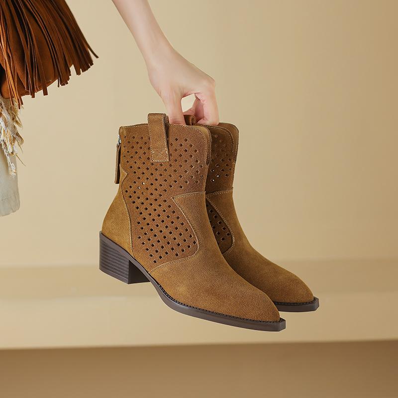 Fashion 2025 Spring Autumn Chelsea Boots for Woman Cow Suede Pointy Toe Wedge Heel Ankle Boots Cutouts Comfortable Cowboy Boots Female