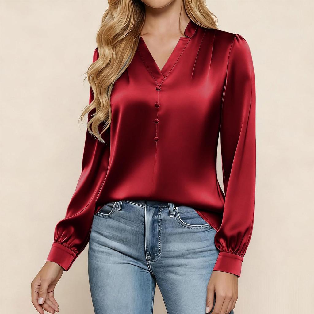 Women's Silk Shirt Casual Work Business Shirt Long Sleeve V,Neck Top