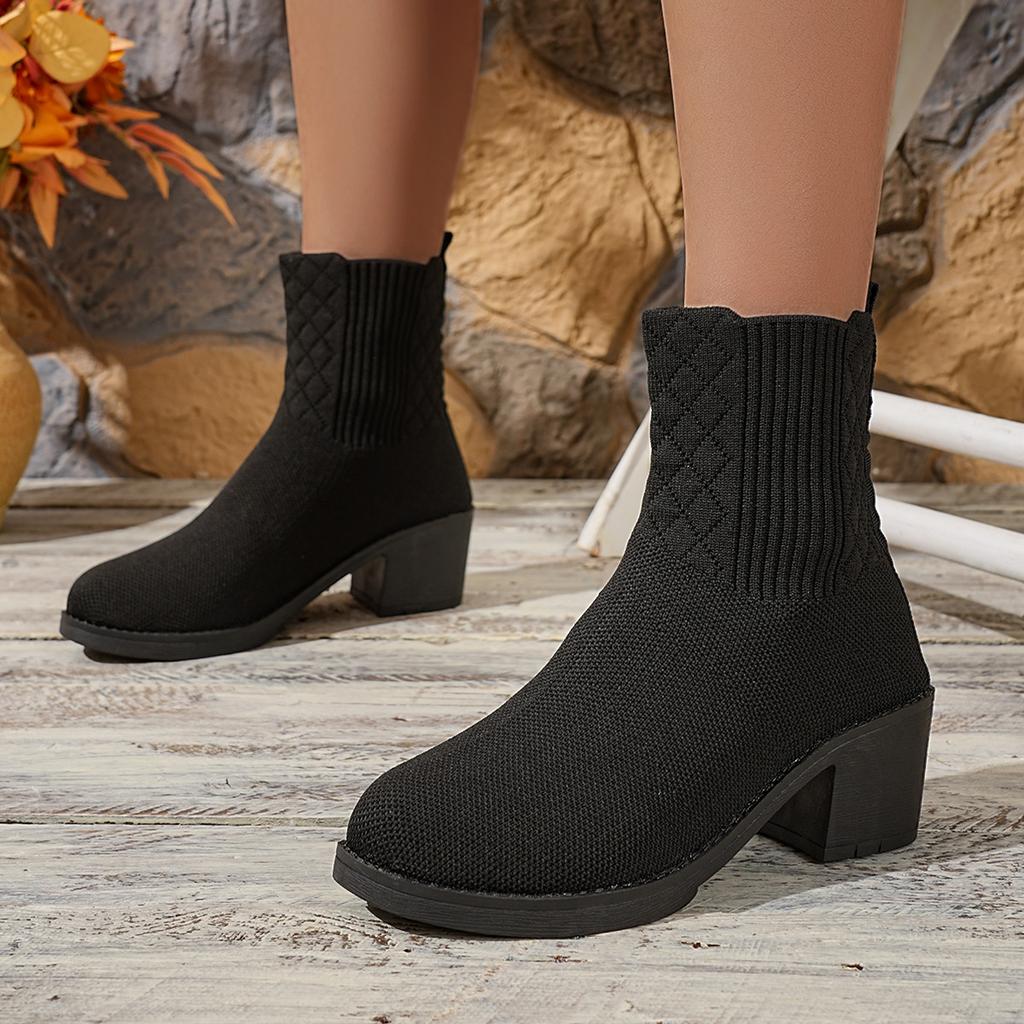 Women'S Knitted Ankle Socks Boots Fashion Chunky Heel Solid Color Black Winter Casual Comfortable Slip On Women'S Ankle Boots