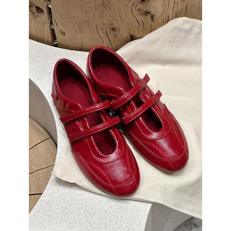 Cowhide version~ retro red French Mary Jane shoes women's Velcro ballet single shoes flat casual training shoes