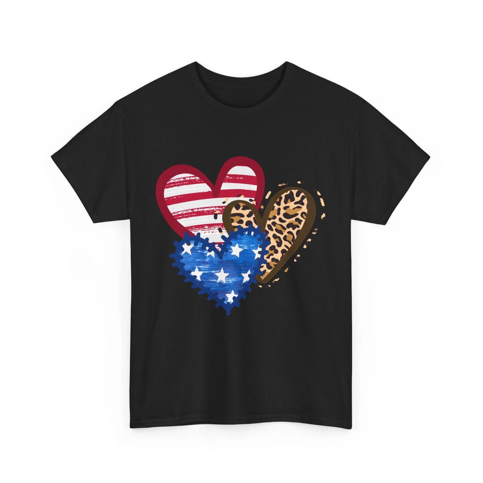 4th of July Shirt, Leopard American Flag Hearts T-shirt, Fourth of July Shirt L