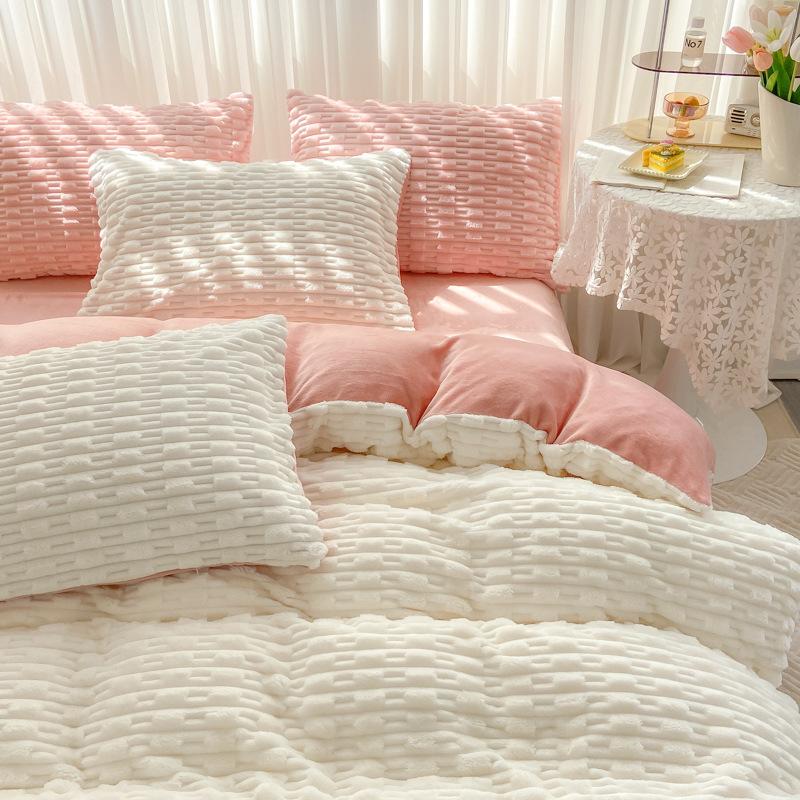 Thickened Warm Candy Color Four-piece Set, Milk Fleece Bed Sheet Quilt Cover Three-piece Set