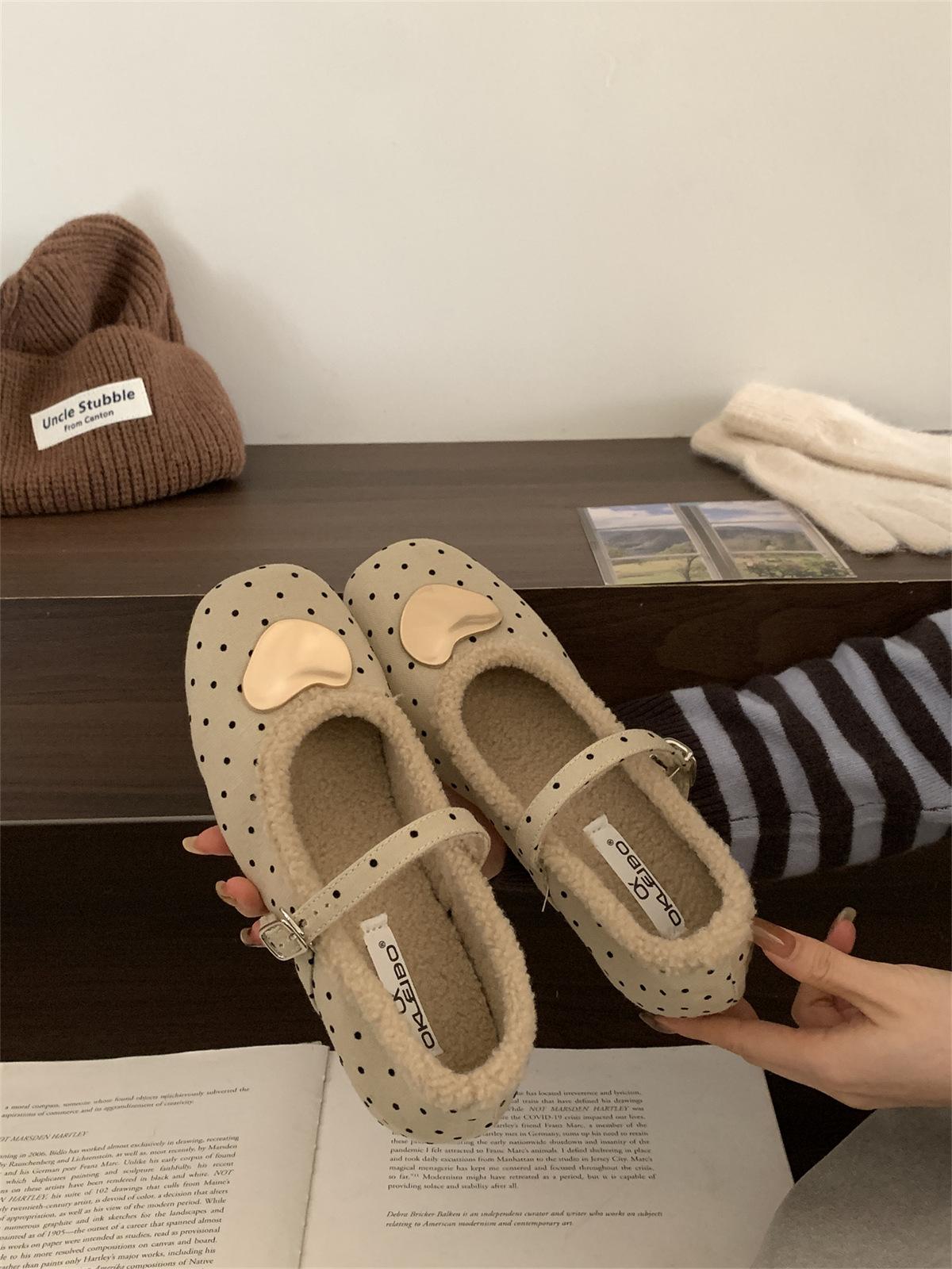 

French sequined one-word buckle with velvet Mary Jane single shoes women s 2025 autumn and winter new lamb wool flat-soled ballet shoes 39